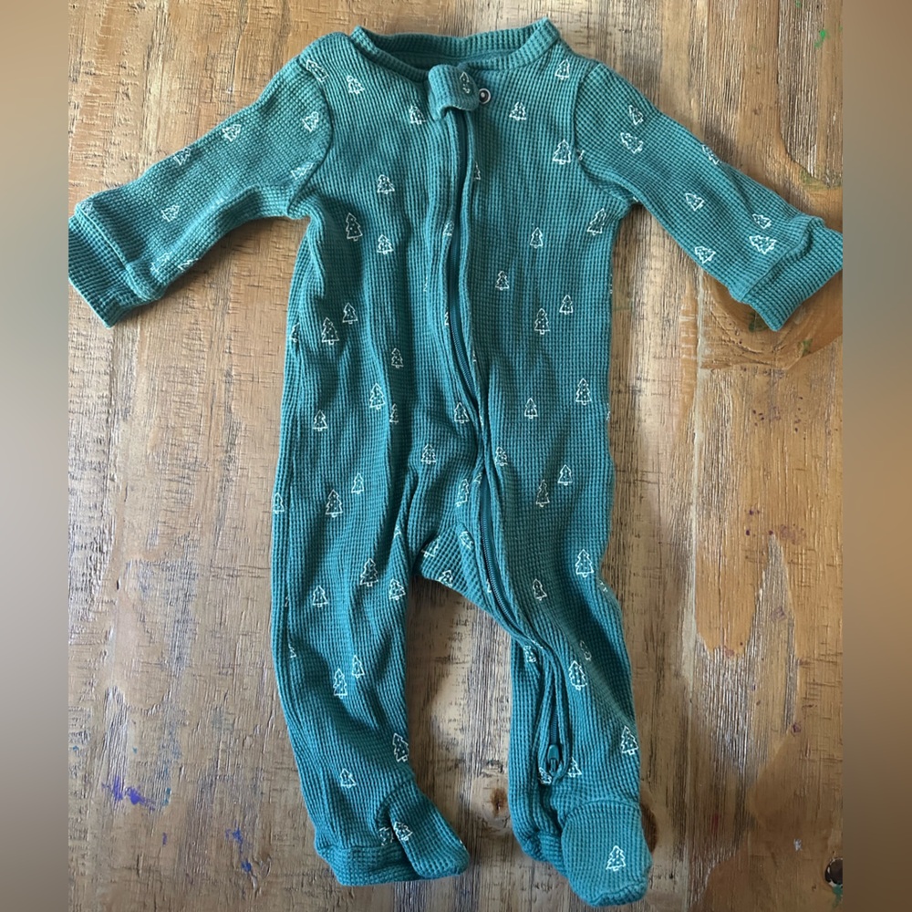 Carter's Teal Christmas Tree Print Thermal Footie 2 Way Zipper 6 Months